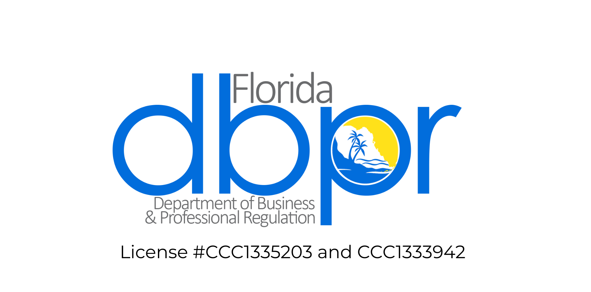 Florida Department of Business and Professional Regulation (DBPR) logo with license numbers CCC1335203 and CCC1333942