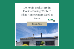 Worker on tile roof with solar panels under blue sky — Easy Roofing LLC blog graphic for "Do Roofs Leak More in Florida During Winter? What Homeowners Need to Know"